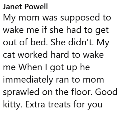 Janet Powell My mom was supposed to wake me if she had to get out of bed. She didn't. My cat worked hard to wake me When I got up he immediately ran to mom sprawled on the floor. Good kitty. Extra treats for you