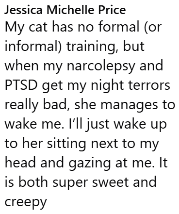Jessica Michelle Price My cat has no formal (or informal) training, but when my narcolepsy and PTSD get my night terrors really bad, she manages to wake me. I'll just wake up to her sitting next to my head and gazing at me. It is both super sweet and creepy