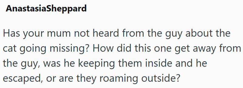 AnastasiaSheppard Has your mum not heard from the guy about the cat going missing? How did this one get away from the guy, was he keeping them inside and he escaped, or are they roaming outside?