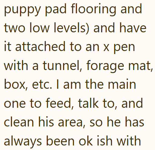 puppy pad flooring and two low levels) and have it attached to an x pen with a tunnel, forage mat, box, etc. I am the main one to feed, talk to, and clean his area, so he has always been ok ish with