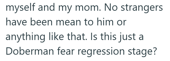 myself and my mom. No strangers have been mean to him or anything like that. Is this just a Doberman fear regression stage?