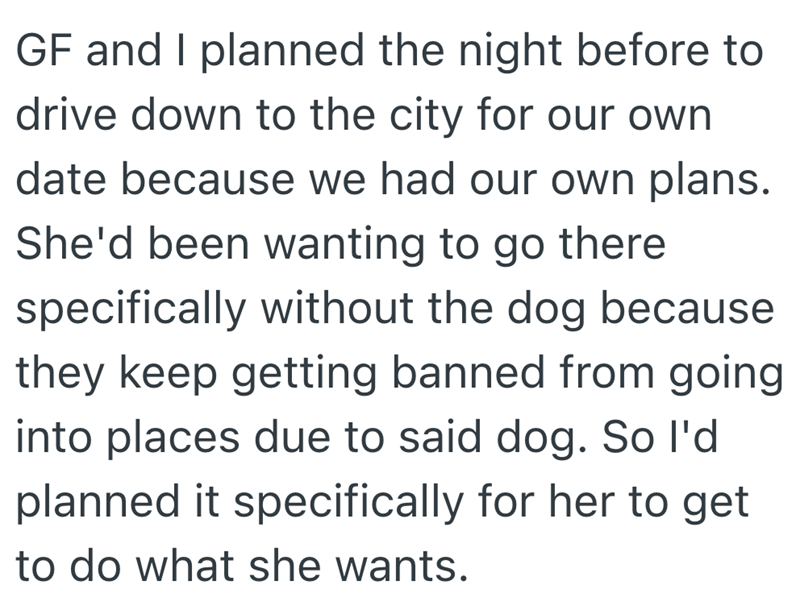 GF and I planned the night before to drive down to the city for our own date because we had our own plans. She'd been wanting to go there specifically without the dog because they keep getting banned from going into places due to said dog. So I'd planned it specifically for her to get to do what she wants.