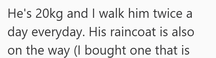 He's 20kg and I walk him twice a day everyday. His raincoat is also on the way (I bought one that is