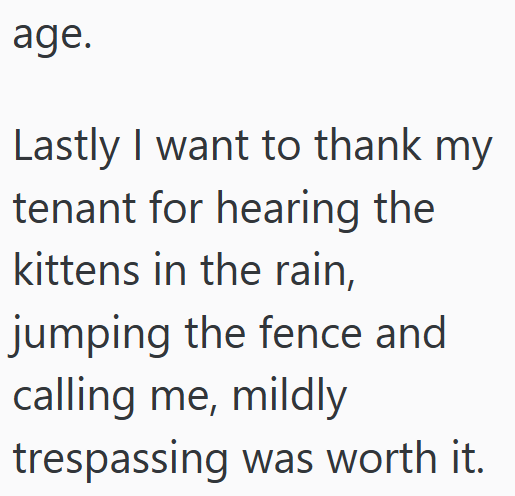 age. Lastly I want to thank my tenant for hearing the kittens in the rain, jumping the fence and calling me, mildly trespassing was worth it.
