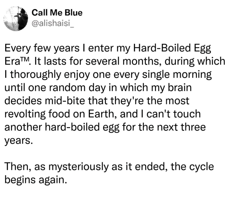 Call Me Blue @alishaisi_ Every few years I enter my Hard-Boiled Egg Era™. It lasts for several months, during which I thoroughly enjoy one every single morning until one random day in which my brain decides mid-bite that they're the most revolting food on Earth, and I can't touch another hard-boiled egg for the next three years. Then, as mysteriously as it ended, the cycle begins again.