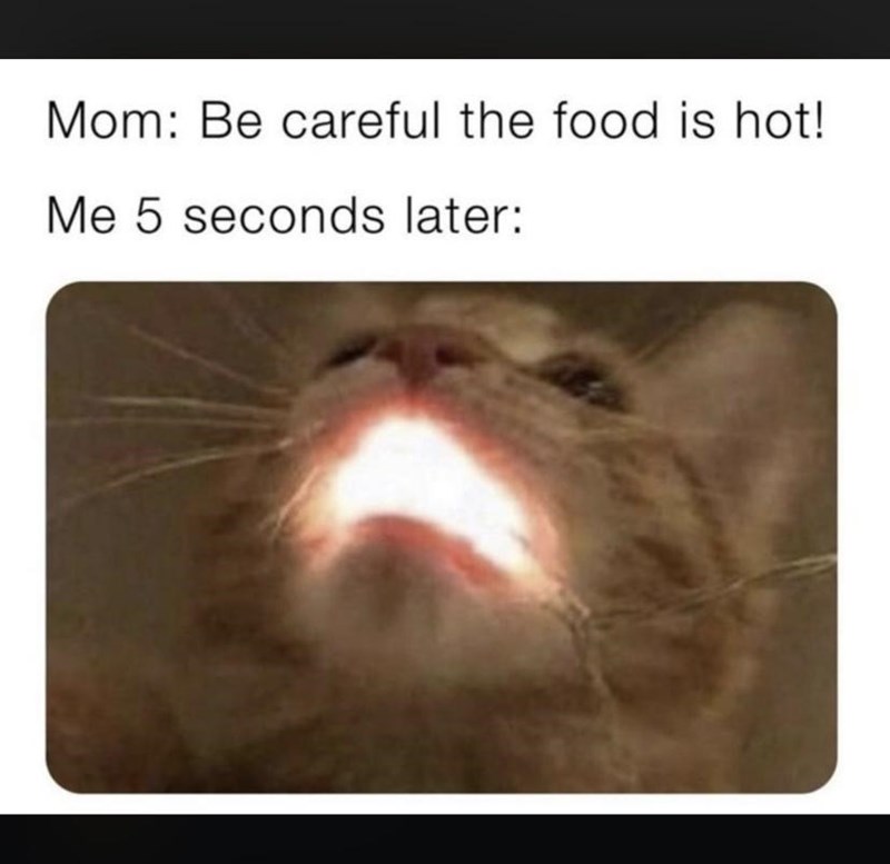 Mom: Be careful the food is hot! Me 5 seconds later: