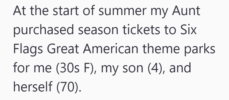 At the start of summer my Aunt purchased season tickets to Six Flags Great American theme parks for me (30s F), my son (4), and herself (70).