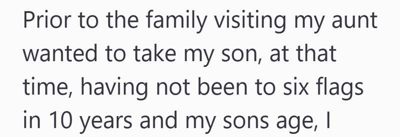 Prior to the family visiting my aunt wanted to take my son, at that time, having not been to six flags in 10 years and my sons age, I