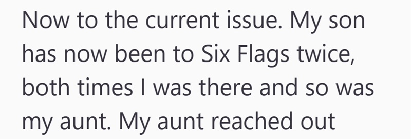Now to the current issue. My son has now been to Six Flags twice, both times I was there and so was my aunt. My aunt reached out