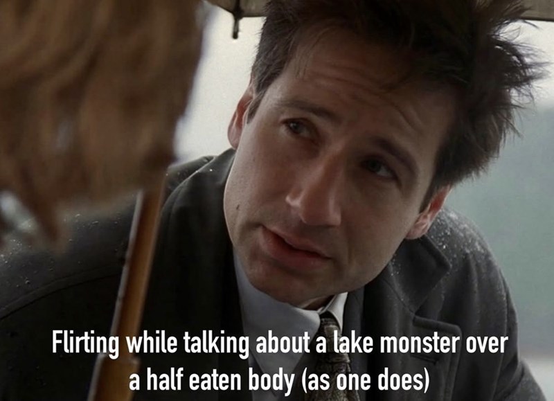 Flirting while talking about a lake monster over a half eaten body (as one does)