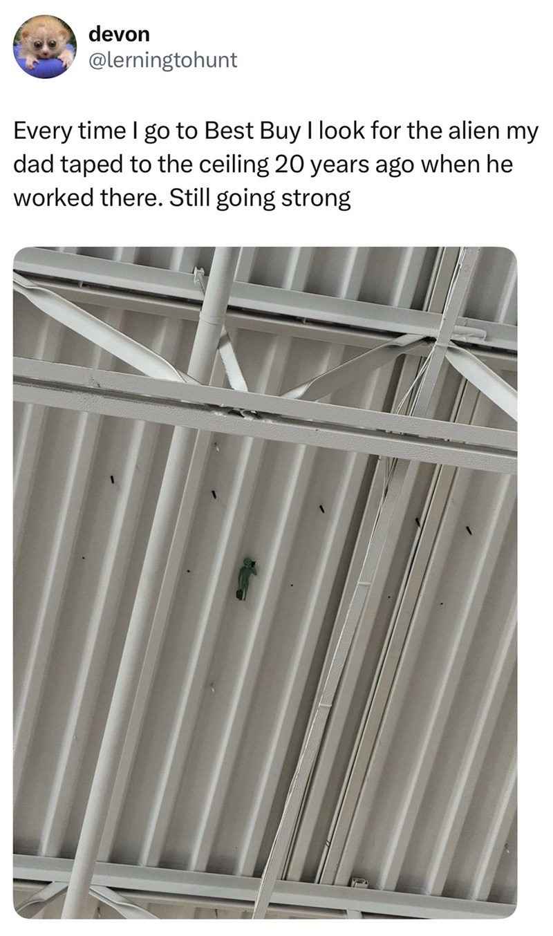devon @lerningtohunt Every time I go to Best Buy I look for the alien my dad taped to the ceiling 20 years ago when he worked there. Still going strong