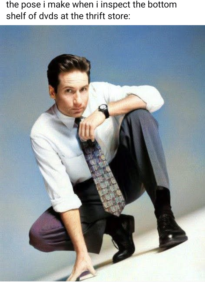 the pose i make when i inspect the bottom shelf of dvds at the thrift store: