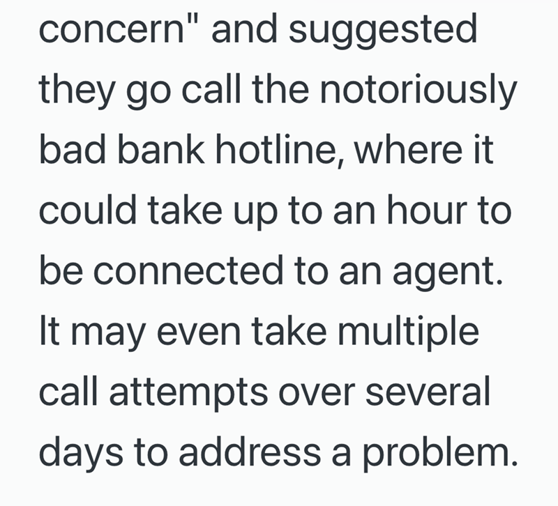 concern" and suggested they go call the notoriously bad bank hotline, where it could take up to an hour to be connected to an agent. It may even take multiple call attempts over several days to address a problem.