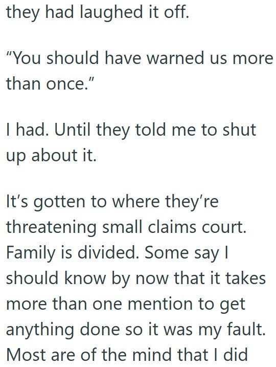 they had laughed it off. "You should have warned us more than once." I had. Until they told me to shut up about it. It's gotten to where they're threatening small claims court. Family is divided. Some say I should know by now that it takes more than one mention to get anything done so it was my fault. Most are of the mind that I did