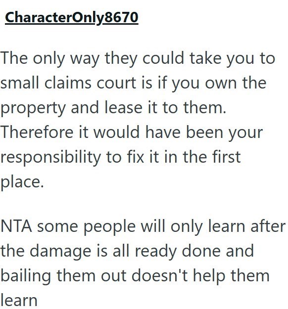 CharacterOnly8670 The only way they could take you to small claims court is if you own the property and lease it to them. Therefore it would have been your responsibility to fix it in the first place. NTA some people will only learn after the damage is all ready done and bailing them out doesn't help them learn