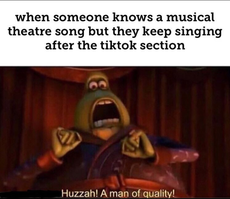 when someone knows a musical theatre song but they keep singing after the tiktok section Huzzah! A man of quality!