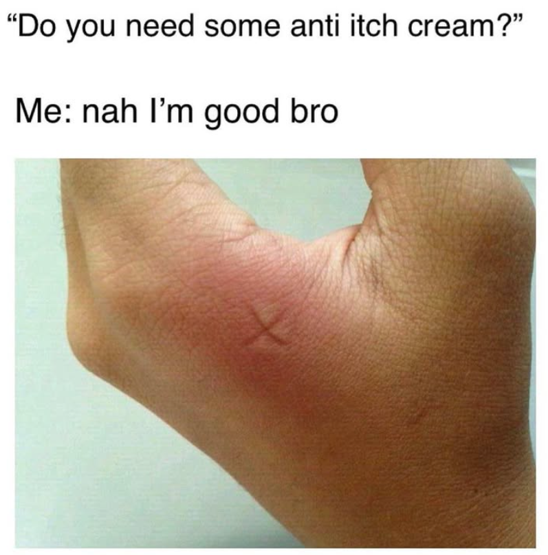 "Do you need some anti itch cream?" Me: nah I'm good bro