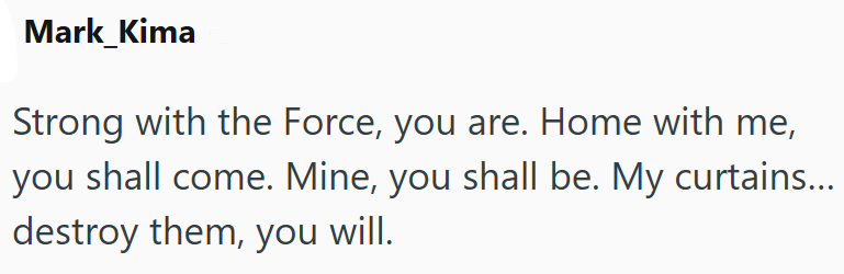 Mark_Kima Strong with the Force, you are. Home with me, you shall come. Mine, you shall be. My curtains... destroy them, you will.