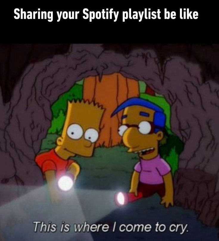 Sharing your Spotify playlist be like This is where I come to cry.