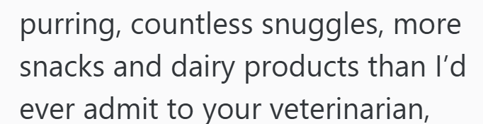 purring, countless snuggles, more snacks and dairy products than I'd ever admit to your veterinarian,