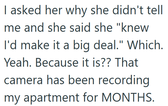 I asked her why she didn't tell me and she said she "knew I'd make it a big deal." Which. Yeah. Because it is?? That camera has been recording my apartment for MONTHS.
