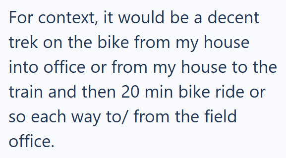 For context, it would be a decent trek on the bike from my house into office or from my house to the train and then 20 min bike ride or so each way to/from the field office.