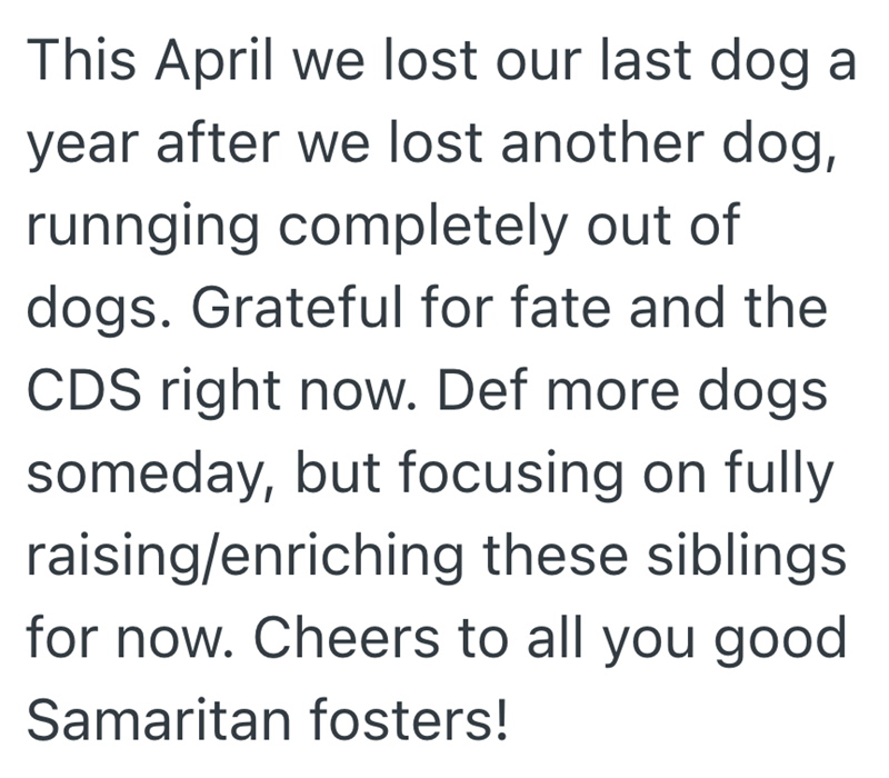 This April we lost our last dog a year after we lost another dog, runnging completely out of dogs. Grateful for fate and the CDS right now. Def more dogs someday, but focusing on fully raising/enriching these siblings for now. Cheers to all you good Samaritan fosters!