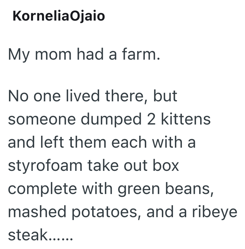KorneliaOjaio My mom had a farm. No one lived there, but someone dumped 2 kittens and left them each with a styrofoam take out box complete with green beans, mashed potatoes, and a ribeye steak......