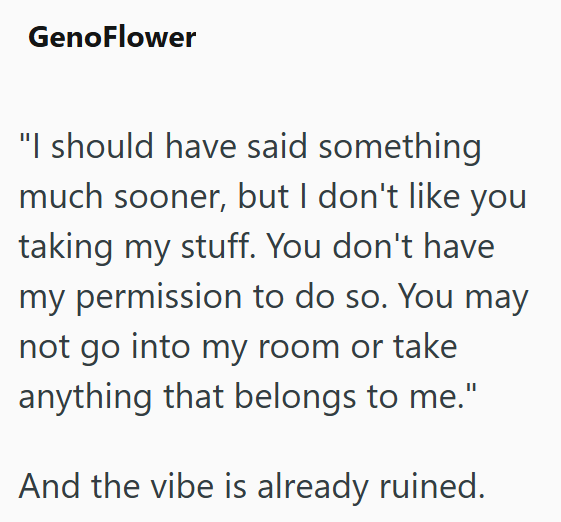 GenoFlower "I should have said something much sooner, but I don't like you taking my stuff. You don't have my permission to do so. You may not go into my room or take anything that belongs to me." And the vibe is already ruined.