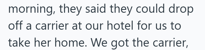morning, they said they could drop off a carrier at our hotel for us to take her home. We got the carrier,
