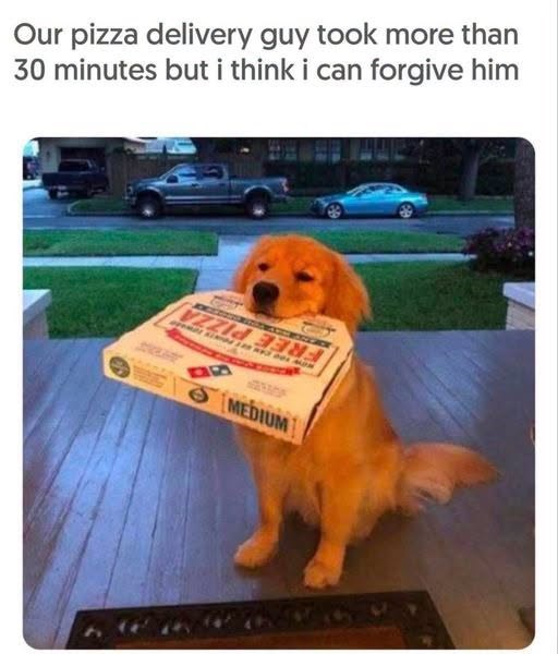 Our pizza delivery guy took more than 30 minutes but i think i can forgive him MEDIUM