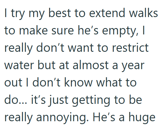 I try my best to extend walks to make sure he's empty, I really don't want to restrict water but at almost a year out I don't know what to do... it's just getting to be really annoying. He's a huge
