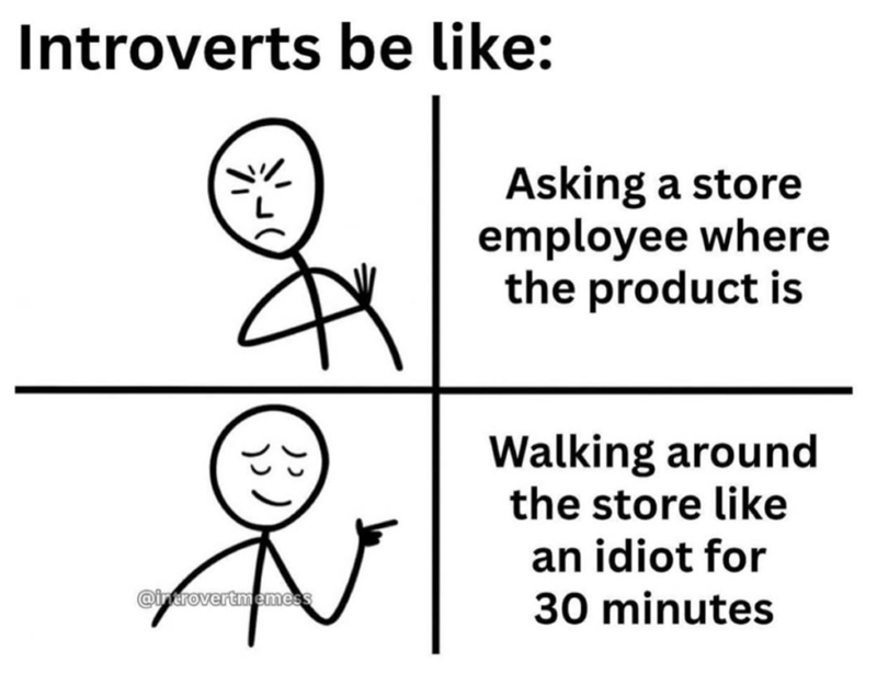 Introverts be like: Asking a store employee where the product is Walking around the store like an idiot for @introvertmemess 30 minutes