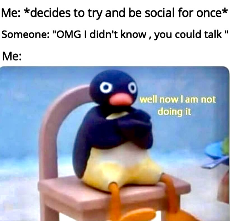 Me: *decides to try and be social for once* Someone: "OMG I didn't know, you could talk Me: 00 well now I am not doing it