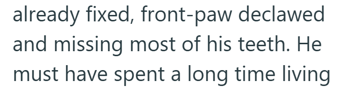 already fixed, front-paw declawed and missing most of his teeth. He must have spent a long time living