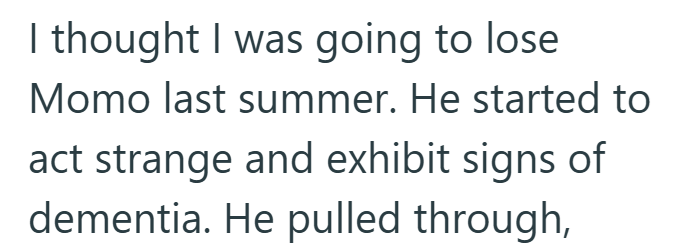 I thought I was going to lose. Momo last summer. He started to act strange and exhibit signs of dementia. He pulled through,