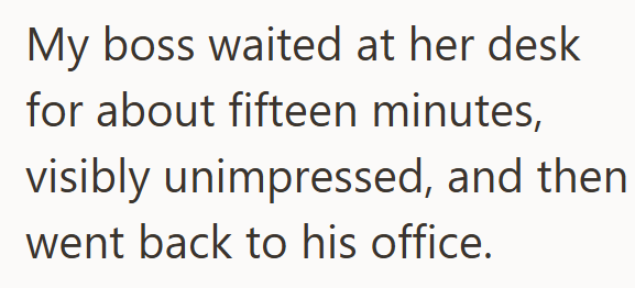 My boss waited at her desk for about fifteen minutes, visibly unimpressed, and then went back to his office.