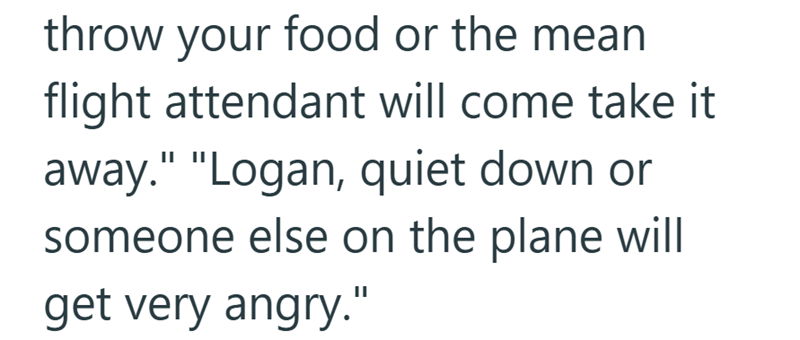 throw your food or the mean flight attendant will come take it away." "Logan, quiet down or someone else on the plane will get very angry."