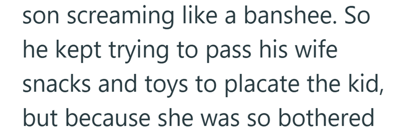 son screaming like a banshee. So he kept trying to pass his wife snacks and toys to placate the kid, but because she was so bothered