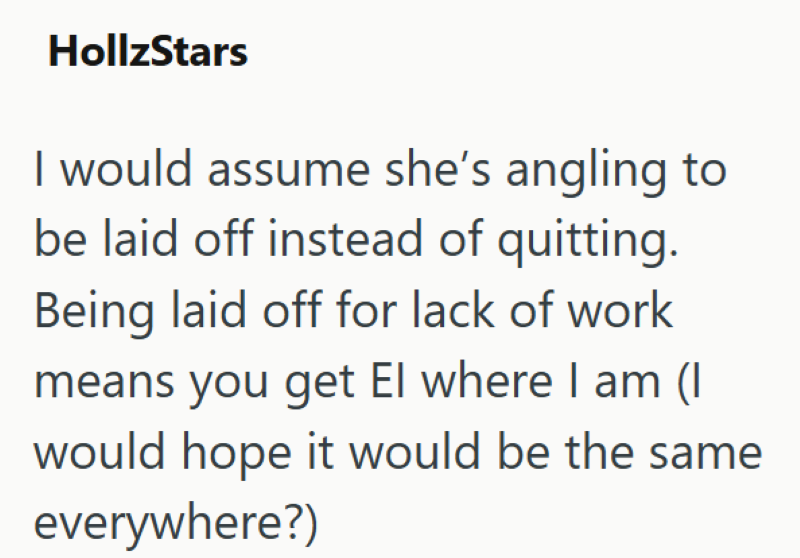 HollzStars I would assume she's angling to be laid off instead of quitting. Being laid off for lack of work means you get El where I am (I would hope it would be the same everywhere?)