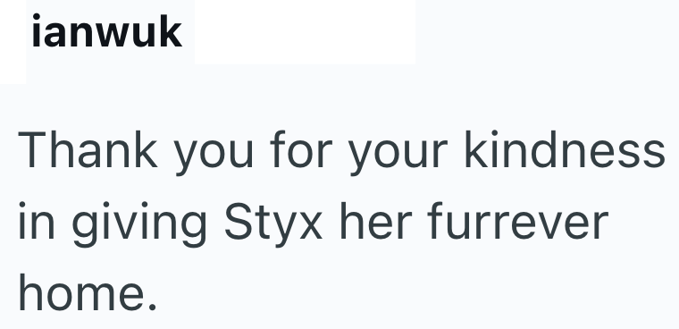 ianwuk Thank you for your kindness in giving Styx her furrever home.