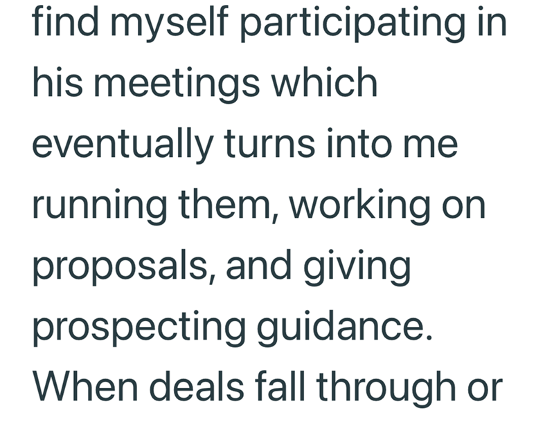 find myself participating in his meetings which eventually turns into me running them, working on proposals, and giving prospecting guidance. When deals fall through or