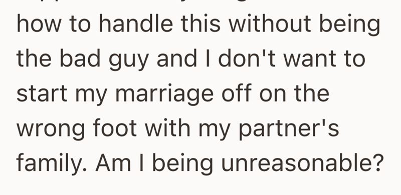 how to handle this without being the bad guy and I don't want to start my marriage off on the wrong foot with my partner's family. Am I being unreasonable?