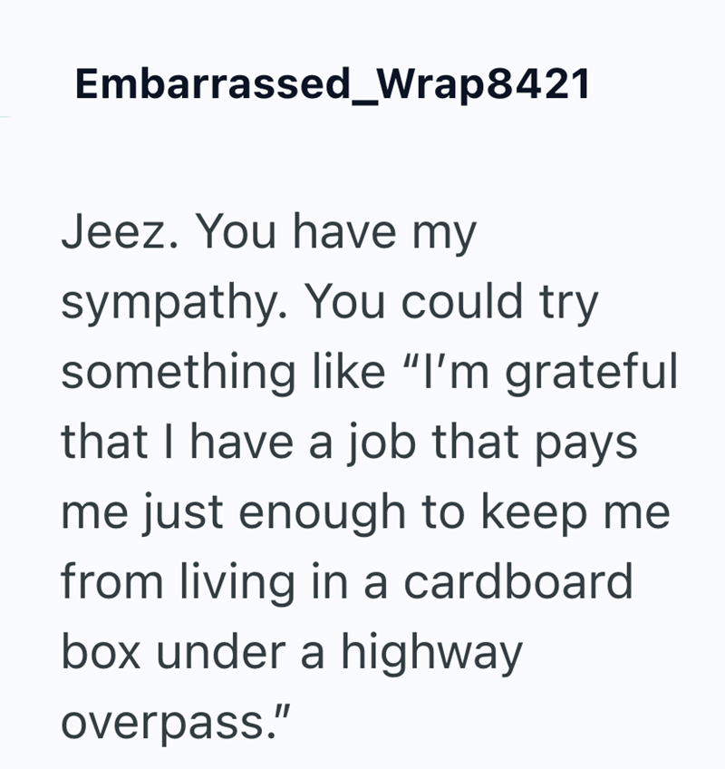 Embarrassed_Wrap8421 Jeez. You have my sympathy. You could try something like "I'm grateful that I have a job that pays me just enough to keep me from living in a cardboard box under a highway overpass."
