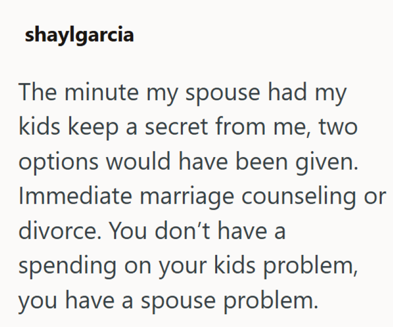 shaylgarcia The minute my spouse had my kids keep a secret from me, two options would have been given. Immediate marriage counseling or divorce. You don't have a spending on your kids problem, you have a spouse problem.