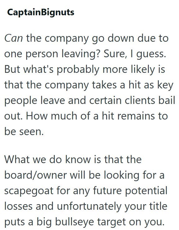 CaptainBignuts Can the company go down due to one person leaving? Sure, I guess. But what's probably more likely is that the company takes a hit as key people leave and certain clients bail out. How much of a hit remains to be seen. What we do know is that the board/owner will be looking for a scapegoat for any future potential losses and unfortunately your title puts a big bullseye target on you.