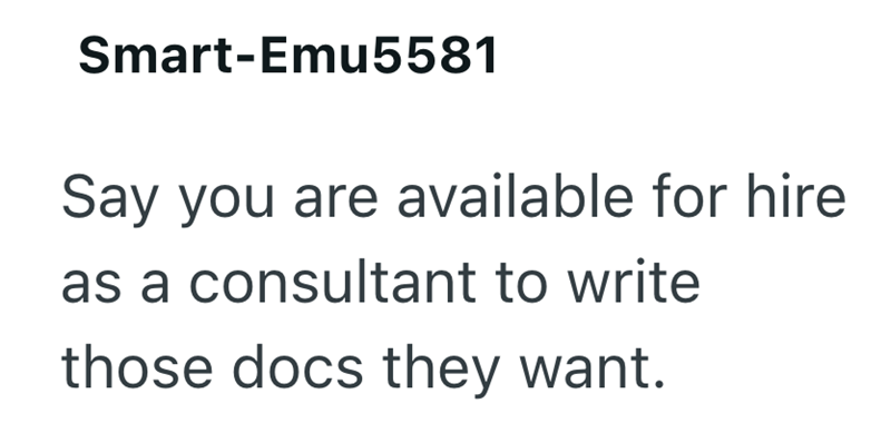 Smart-Emu5581 Say you are available for hire as a consultant to write those docs they want.