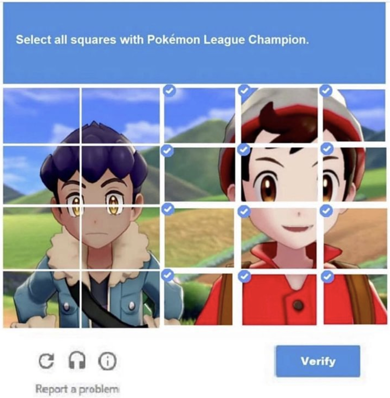 Select all squares with Pokémon League Champion. CAO Report a problem Verify
