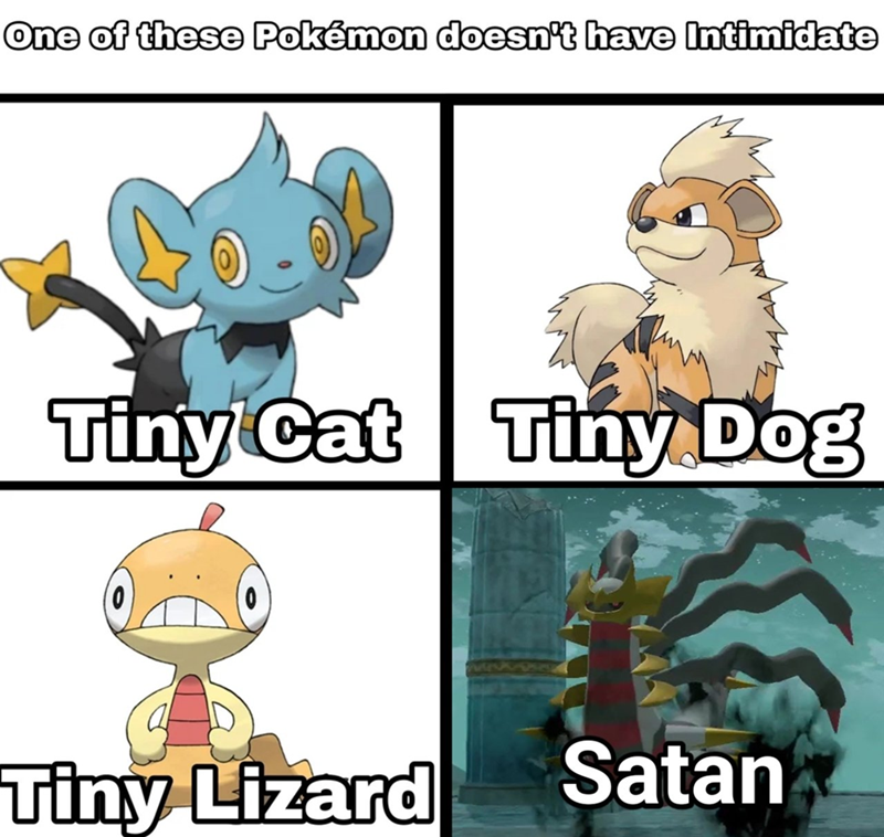One of these Pokémon doesn't have Intimidate Tiny Cat Tiny Dog Tiny Lizard Satan