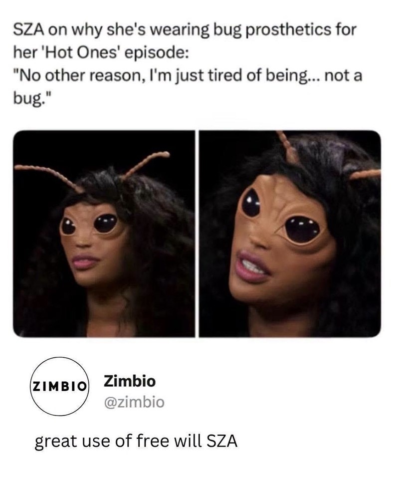 SZA on why she's wearing bug prosthetics for her 'Hot Ones' episode: "No other reason, I'm just tired of being... not a bug." Zimbio ZIMBIO @zimbio great use of free will SZA